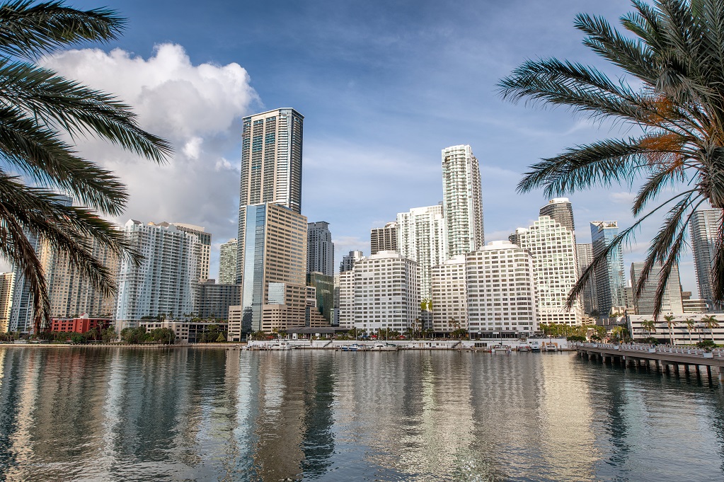 Downtown Miami skyline and buildings reflections from Brickell K